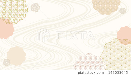 A beige-gold Japanese-style background frame featuring flowing water patterns, wave patterns, and hemp leaf motifs, accented with mizuhiki (decorative cord). A beige-gold Japanese-style background frame featuring flowing water patterns, wave patterns, and hemp leaf motifs, accented with mizuhiki (decorative cord). 142035645