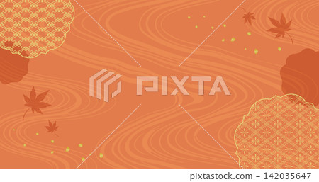 A vibrant orange Japanese-style background featuring flowing water patterns, dancing maple leaves, and golden geometric Japanese motifs. A vibrant orange Japanese-style background featuring flowing water patterns, dancing maple leaves, and golden geometric Japanese motifs. 142035647