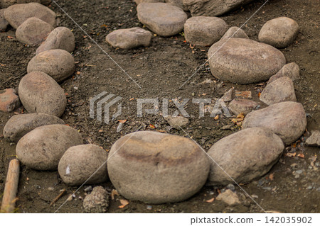 The garden's details are captivating, with its circular arrangement of round stones and the texture of the soil. Kiyosumi Garden, March 2024. The garden's details are captivating, with its circular arrangement of round stones and the texture of the soil. Kiyosumi Garden, March 2024. 142035902