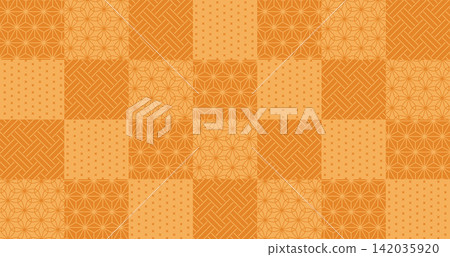 Orange Japanese-style patchwork checkered background with warm-colored traditional patterns of hemp leaf and Shippo (seven treasures) motifs. Orange Japanese-style patchwork checkered background with warm-colored traditional patterns of hemp leaf and Shippo (seven treasures) motifs. 142035920