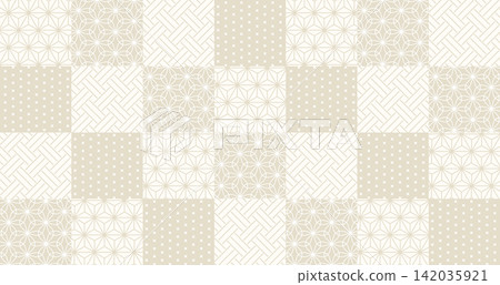 A checkered patchwork-style background featuring beige-toned Japanese patterns such as hemp leaves and Shippo (seven treasures) arranged in a grid pattern. A checkered patchwork-style background featuring beige-toned Japanese patterns such as hemp leaves and Shippo (seven treasures) arranged in a grid pattern. 142035921