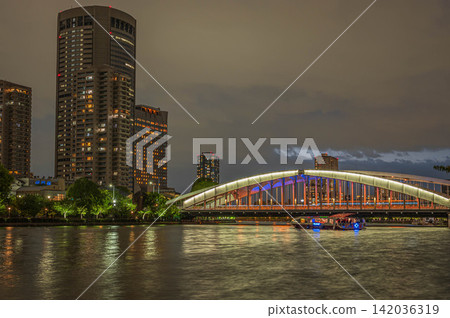 Night view of Osaka, the water city: OAP Tower, Sakuramiya Bridge, Osaka City Night view of Osaka, the water city: OAP Tower, Sakuramiya Bridge, Osaka City 142036319
