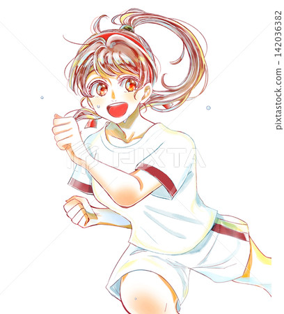 A smiling girl running in her gym uniform, wearing a headband and sweating. A smiling girl running in her gym uniform, wearing a headband and sweating. 142036382