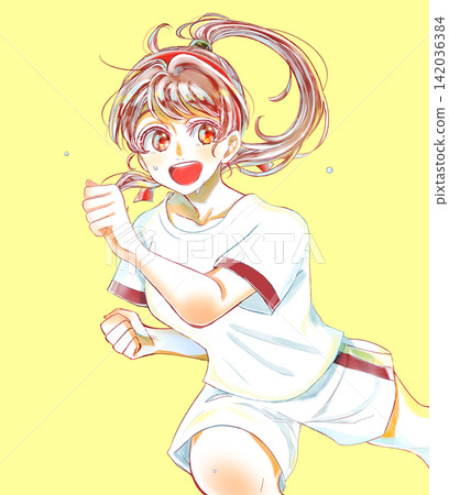 A smiling girl running in her gym uniform, wearing a headband and sweating. A smiling girl running in her gym uniform, wearing a headband and sweating. 142036384