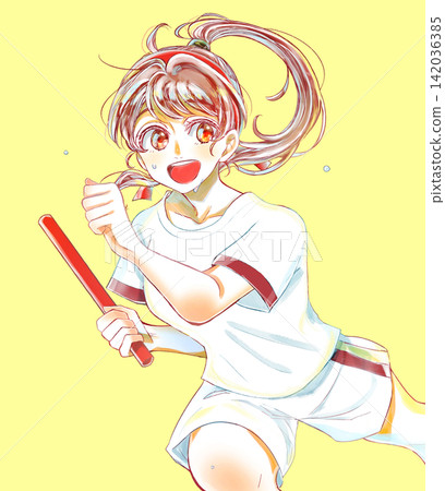 一個面帶笑容的女孩穿著運動服,手持接力棒,頭戴髮帶,汗流浹背地奔跑著。 一個面帶笑容的女孩穿著運動服,手持接力棒,頭戴髮帶,汗流浹背地奔跑著。 142036385