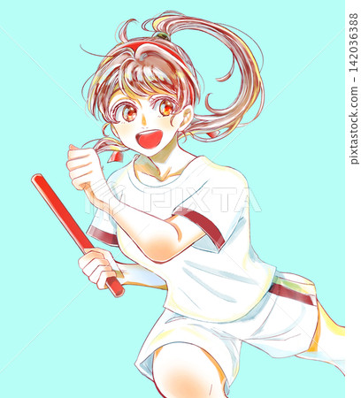 一個面帶笑容的女孩穿著運動服，手持接力棒，頭戴髮帶，正在奔跑。 142036388