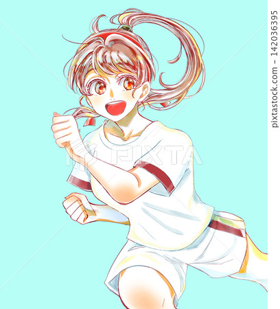 A smiling girl running in her gym uniform and headband; no sweat. A smiling girl running in her gym uniform and headband; no sweat. 142036395