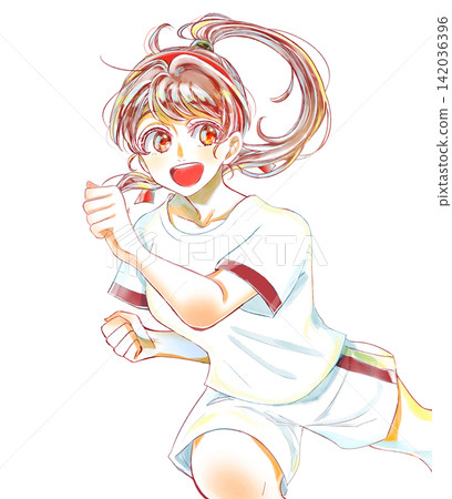 一個微笑的女孩穿著運動服,戴著髮帶,奔跑著,一身輕體。 一個微笑的女孩穿著運動服,戴著髮帶,奔跑著,一身輕體。 142036396