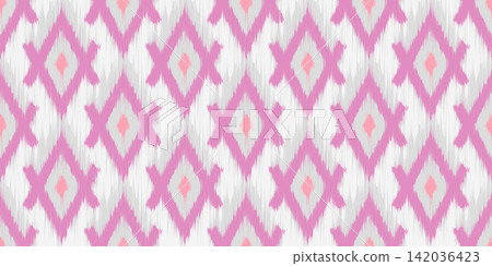 Ikat seamless pattern with pink rhombus. Ethnic abstract geometric rug textured background. Tribal print for oriental style textile and fabric. 142036423