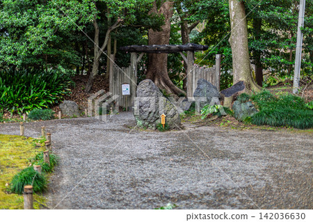 A magnificent Iyo blue stone stands amidst a gravel path, and a charming wooden gate leads further into the garden. Kiyosumi Garden, March 2024. A magnificent Iyo blue stone stands amidst a gravel path, and a charming wooden gate leads further into the garden. Kiyosumi Garden, March 2024. 142036630