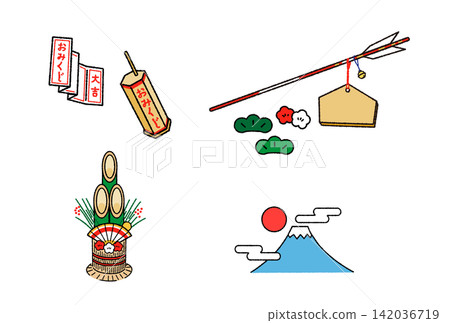 New Year's illustration set: fortune slips, votive plaques, kadomatsu (New Year's pine decorations), and sunrise. New Year's illustration set: fortune slips, votive plaques, kadomatsu (New Year's pine decorations), and sunrise. 142036719