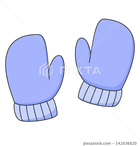 Flat style sticker illustration of a pair of blue winter mittens isolated on transparent background. Cold weather warm clothes knitted gloves vector graphic icon element for seasonal asset. Flat style sticker illustration of a pair of blue winter mittens isolated on transparent background. Cold weather warm clothes knitted gloves vector graphic icon element for seasonal asset. 142036820