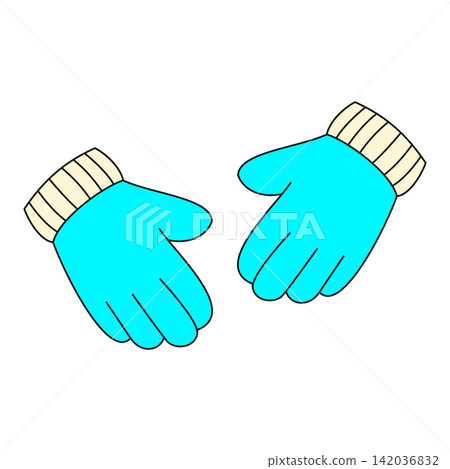 Flat style sticker illustration of cyan winter gloves isolated on transparent background. Cold weather warm clothes knitted mittens vector graphic icon design element for seasonal project asset. Flat style sticker illustration of cyan winter gloves isolated on transparent background. Cold weather warm clothes knitted mittens vector graphic icon design element for seasonal project asset. 142036832