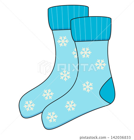 Flat style sticker illustration of a pair of blue winter socks with snowflake pattern isolated on transparent background. Warm knitted socks vector graphic icon for seasonal cold weather asset. Flat style sticker illustration of a pair of blue winter socks with snowflake pattern isolated on transparent background. Warm knitted socks vector graphic icon for seasonal cold weather asset. 142036833