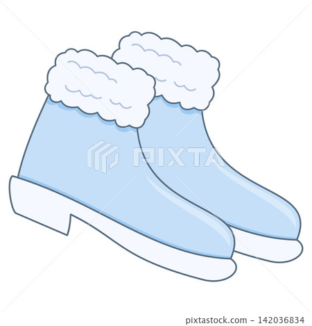 Flat style sticker illustration of a pair of light blue winter boots isolated on transparent background. Warm snow footwear boots vector graphic icon design element for seasonal winter asset. Flat style sticker illustration of a pair of light blue winter boots isolated on transparent background. Warm snow footwear boots vector graphic icon design element for seasonal winter asset. 142036834