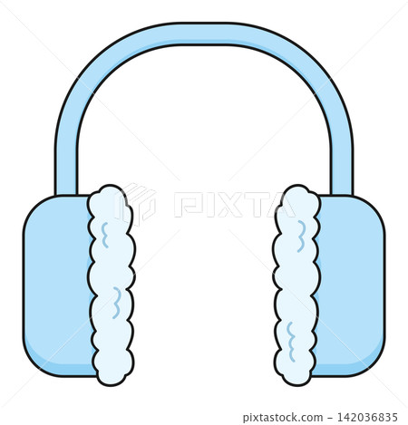 Flat style sticker illustration of light blue winter earmuffs isolated on transparent background. Warm ear warmers seasonal accessory vector graphic icon element for cold weather project asset. Flat style sticker illustration of light blue winter earmuffs isolated on transparent background. Warm ear warmers seasonal accessory vector graphic icon element for cold weather project asset. 142036835