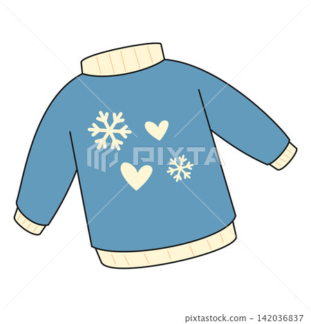 Flat style sticker illustration of a blue winter jumper sweater with snowflake isolated on transparent background. Warm knitted clothes vector graphic icon element for seasonal winter asset. 142036837