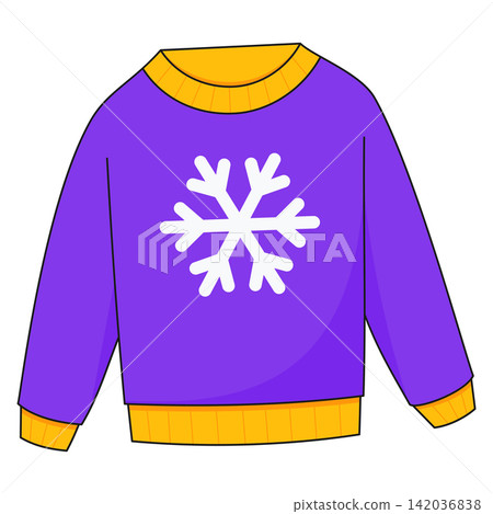 Flat style sticker illustration of a purple winter jumper sweater with a snowflake pattern isolated on transparent background. Warm knitted apparel vector graphic icon for seasonal winter asset. Flat style sticker illustration of a purple winter jumper sweater with a snowflake pattern isolated on transparent background. Warm knitted apparel vector graphic icon for seasonal winter asset. 142036838