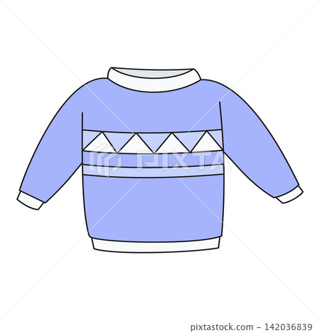 Flat style sticker illustration of a light blue winter pullover sweater isolated on transparent background. Warm knitted clothing vector graphic design element for cold seasonal design asset. Flat style sticker illustration of a light blue winter pullover sweater isolated on transparent background. Warm knitted clothing vector graphic design element for cold seasonal design asset. 142036839