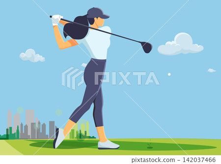 Female Golfer Swinging Golf Club Illustration Female Golfer Swinging Golf Club Illustration 142037466