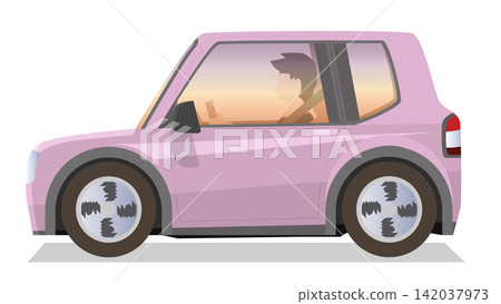 Object of pink compact car with a driver inside. Viewed from the side on a isolated white background with a shadow. Object of pink compact car with a driver inside. Viewed from the side on a isolated white background with a shadow. 142037973