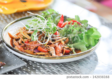 salmon salad, spicy salmon salad or spicy salad or spicy seafood salad with cashew and sunflower sprout salmon salad, spicy salmon salad or spicy salad or spicy seafood salad with cashew and sunflower sprout 142038168