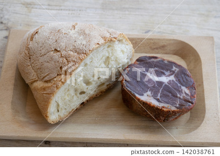 rustic bread cured meat capocollo wooden board rustic bread cured meat capocollo wooden board 142038761