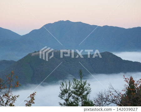 清晨,武田城遺址和山脈漂浮在雲海。 清晨,武田城遺址和山脈漂浮在雲海。 142039027