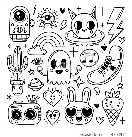 Coloring handdrawn doodle sheet with cute ghost bunny cat and playful icons Coloring handdrawn doodle sheet with cute ghost bunny cat and playful icons 142039103