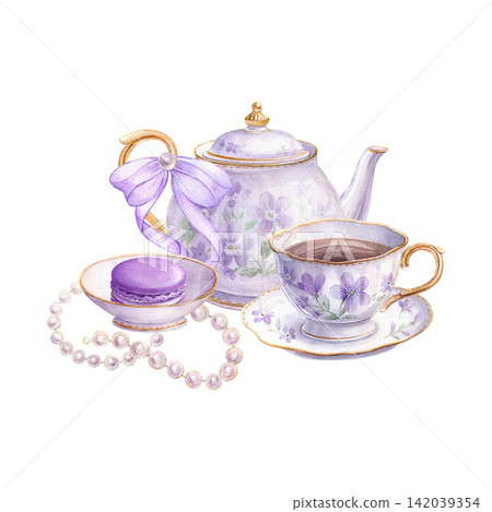Tea composition with a floral teapot, cup, macaron, lavender bow and pearls. Watercolor isolated illustration. Good for invitations, stationery, packaging and tea party designs 142039354