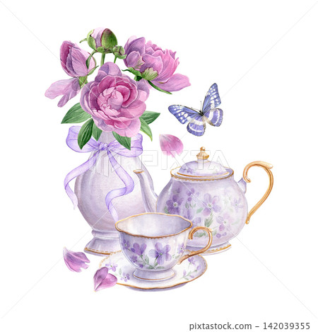 Watercolor composition with pink peonies, floral tea set, lavender bow and butterfly. Delicate hand-painted art for invitations, stationery, packaging and tea party designs Watercolor composition with pink peonies, floral tea set, lavender bow and butterfly. Delicate hand-painted art for invitations, stationery, packaging and tea party designs 142039355