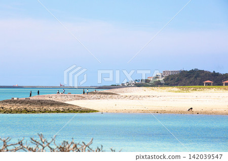 湛藍的天空,在海灘上享受樂趣的人們,以及塞納加島的美景。 湛藍的天空,在海灘上享受樂趣的人們,以及塞納加島的美景。 142039547