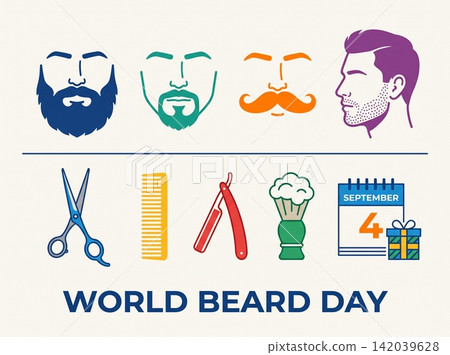 Celebrate World Beard Day with grooming tools and festive icons Celebrate World Beard Day with grooming tools and festive icons 142039628