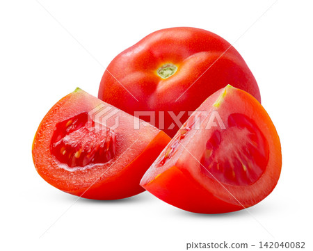 Isolated tomato and two slices of tomato. Slice of fresh tomatoes and whole tomato on white background, clipping path. Isolated tomato and two slices of tomato. Slice of fresh tomatoes and whole tomato on white background, clipping path. 142040082