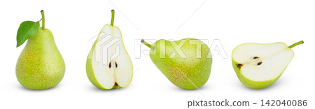 Juicy organic pears set isolate on white. Green pear and cut with slice of ripe pear isolates collection. Juicy organic pears set isolate on white. Green pear and cut with slice of ripe pear isolates collection. 142040086