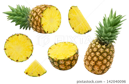 Isoled pineapples collection. Whole pineapple, cut in a half of pineapple, slices of ananas isolated set. Isoled pineapples collection. Whole pineapple, cut in a half of pineapple, slices of ananas isolated set. 142040096