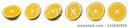 Chocolate navel orange slices collection. Slice of chocolate orange. Cut in a half of bronze orange isolated. 142040099