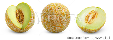 Cantaloupe melon, sliced muskmelon and half of juicy melon with seeds isolated. Cantaloupe melon, sliced muskmelon and half of juicy melon with seeds isolated. 142040101