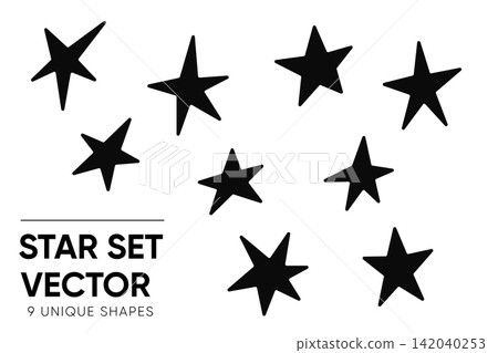 Black star shapes set with nine unique irregular silhouettes isolated on white Black star shapes set with nine unique irregular silhouettes isolated on white 142040253