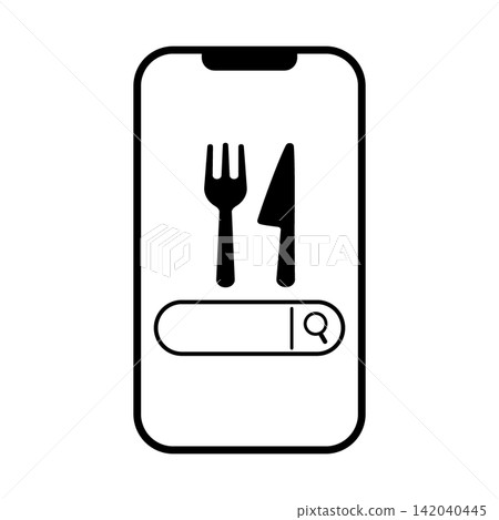 用於在智慧型手機上搜尋餐廳和美食資訊的圖示插圖。 用於在智慧型手機上搜尋餐廳和美食資訊的圖示插圖。 142040445
