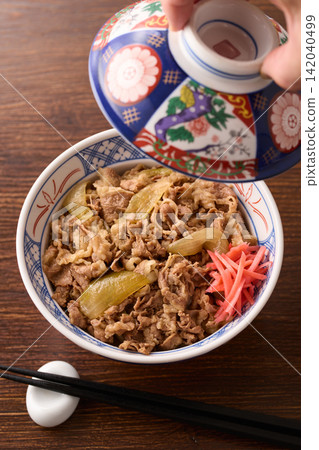 Beef bowl topped with pickled ginger Beef bowl topped with pickled ginger 142040499