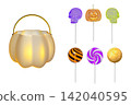 Set of 3d pumpkin candy bucket with skull and jack-o-lantern lollipops cutout on transparent background. 142040595