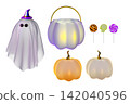 Set of 3D Halloween decorations featuring ghost character, candy basket, glowing pumpkins cutout on transparent background 142040596