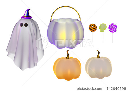 Set of 3D Halloween decorations featuring ghost character, candy basket, glowing pumpkins cutout on transparent background Set of 3D Halloween decorations featuring ghost character, candy basket, glowing pumpkins cutout on transparent background 142040596