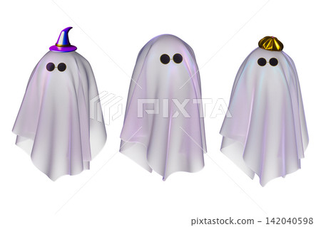 Set of 3d spooky ghosts in satin cloth cutout on transparent background for Halloween design. Set of 3d spooky ghosts in satin cloth cutout on transparent background for Halloween design. 142040598