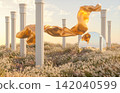 3D surreal autumn landscape with floating gold silk, marble columns, and pampas grass. 142040599