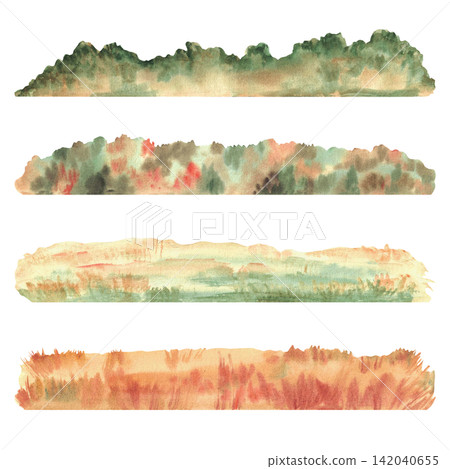 Watercolour Autumn landscape elements set. Silhouettes of distant fall trees, fields hills on horizon. Yellow, green, orange and golden Forest. Hand painted isolated on white background illustration. Watercolour Autumn landscape elements set. Silhouettes of distant fall trees, fields hills on horizon. Yellow, green, orange and golden Forest. Hand painted isolated on white background illustration. 142040655