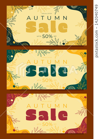 set of three horizontal autumn sale banners with colorful botanical background vector illustration 142040749