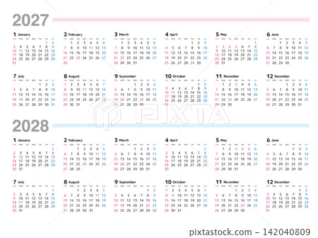 2027-2028年曆(週日開始) 2027-2028年曆(週日開始) 142040809