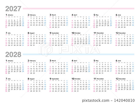 2027-2028 年曆（星期日開始） - 未標示日本假日。 142040810